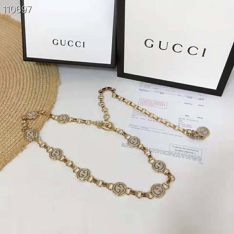 G*u*i women interlocking g chain belt shiny gold-toned metal double chain