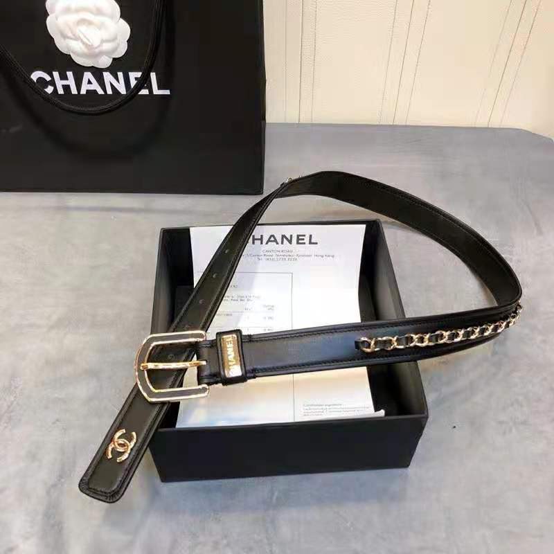 Chanel Women Calfskin & Gold Metal & Belt 3 cm Width-Black