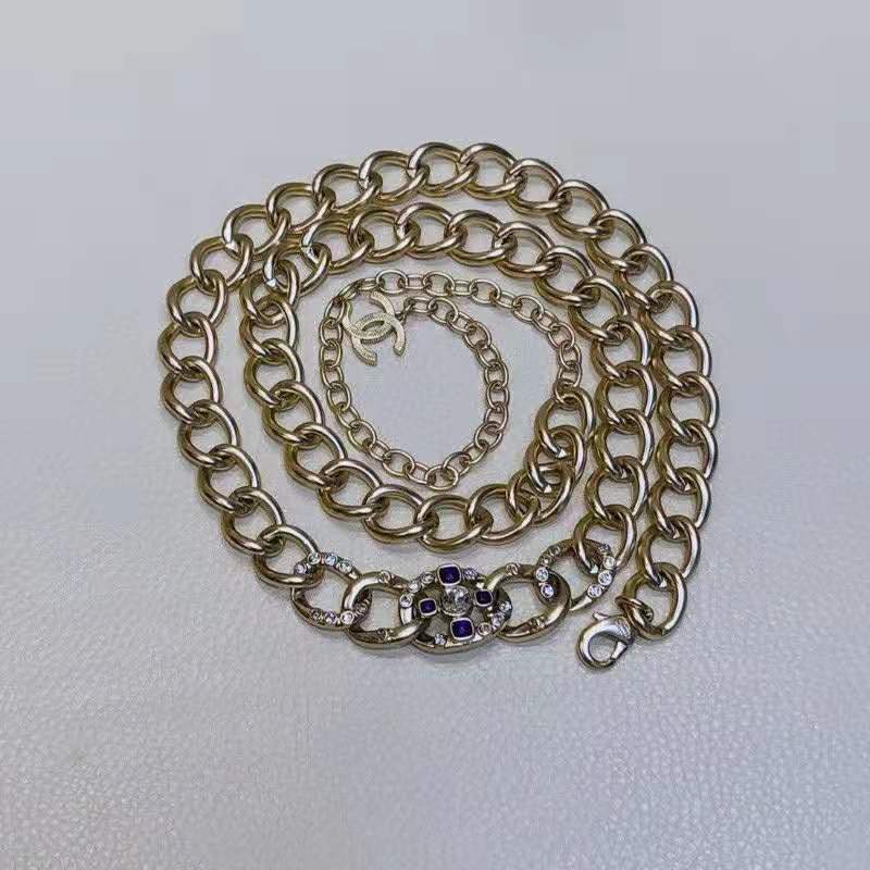 Chanel Women Metal & Glass Strass Gold Blue & Crystal Belt
