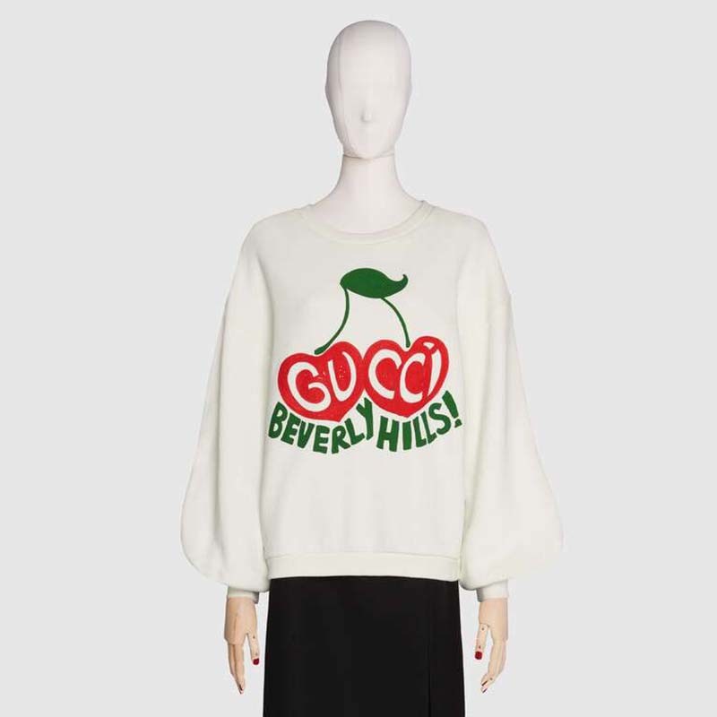 G*u*i men beverly hills cherry print sweatshirt cotton jersey crewneck puff sleeves-white