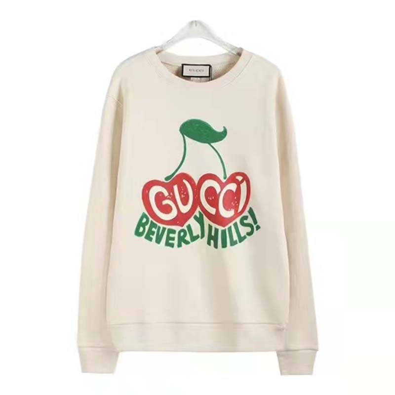 G*u*i women beverly hills cherry print sweatshirt cotton jersey crewneck puff sleeves-white