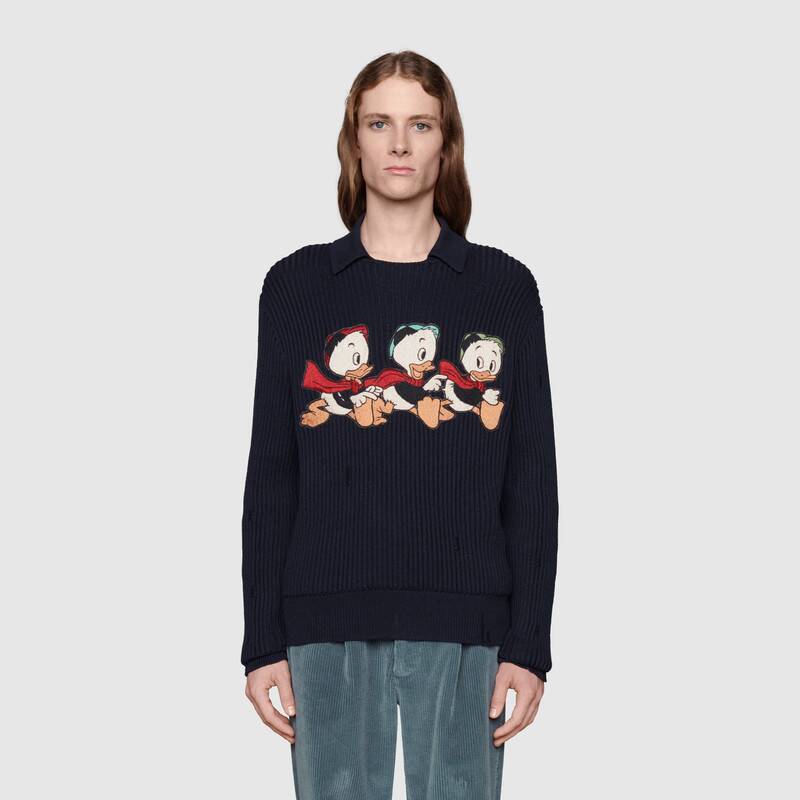 G*u*i men disney x G*u*i donald duck cotton wool sweater holes crewneck collar-navy