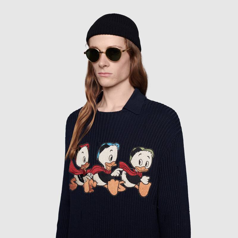 G*u*i men disney x G*u*i donald duck cotton wool sweater holes crewneck collar-navy