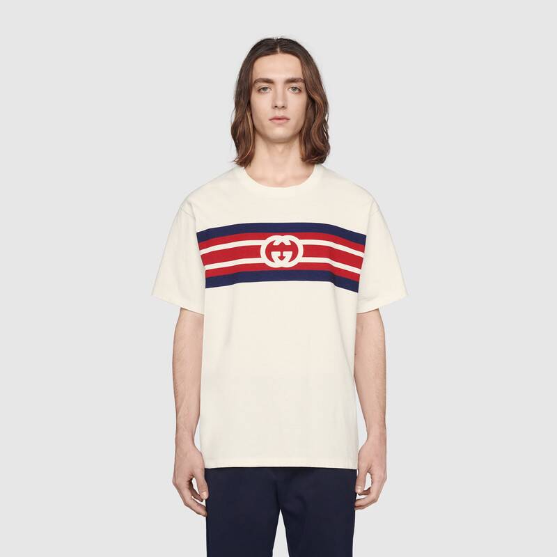 G*u*i men interlocking g stripe print t-shirt cotton jersey crewneck oversize fit-white