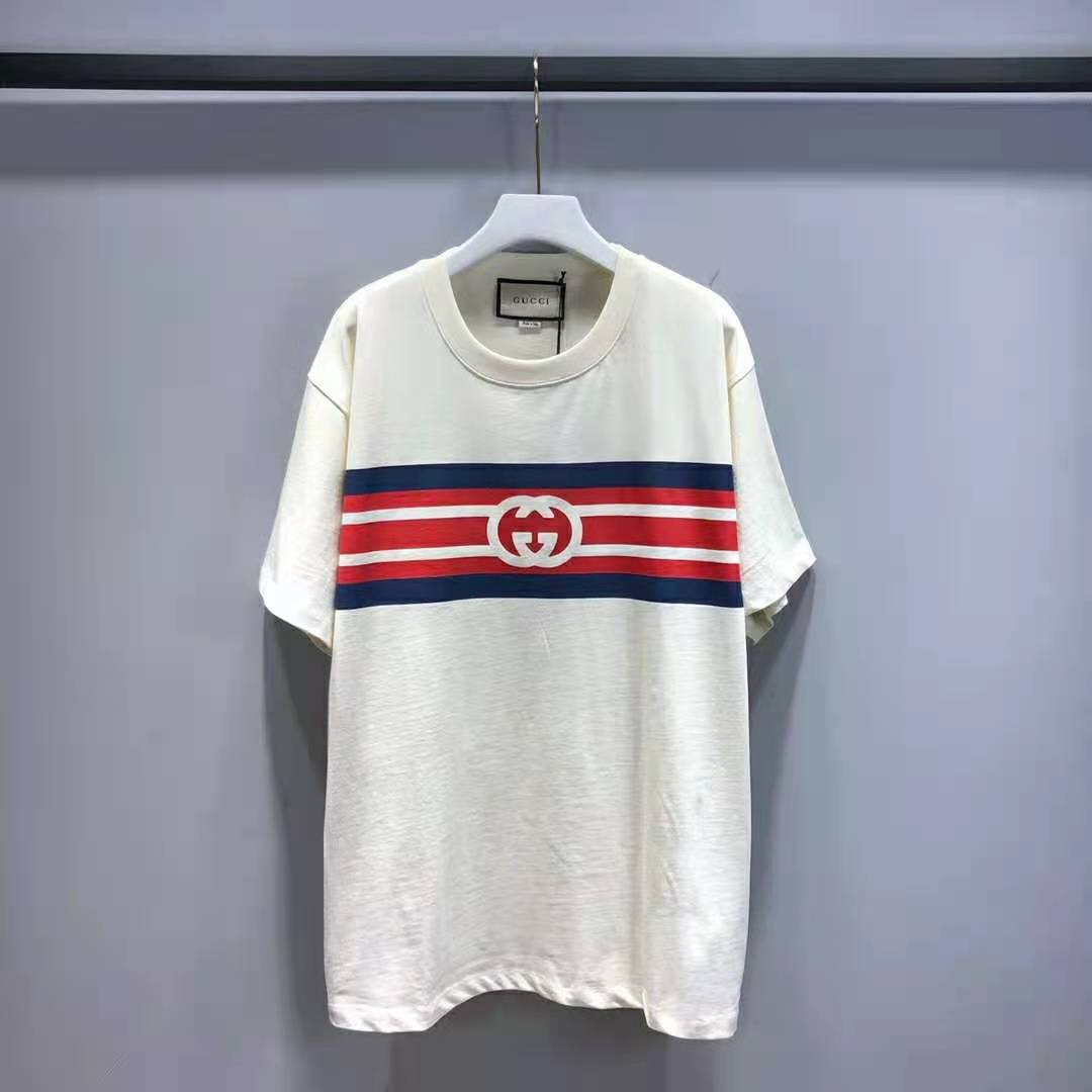 G*u*i women interlocking g stripe print t-shirt cotton jersey crewneck oversize fit-white