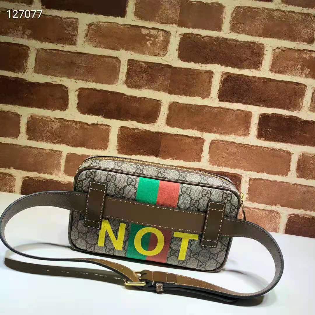 G*u*i unisex ‘fake/not’ print belt bag beige and ebony gg supreme canvas