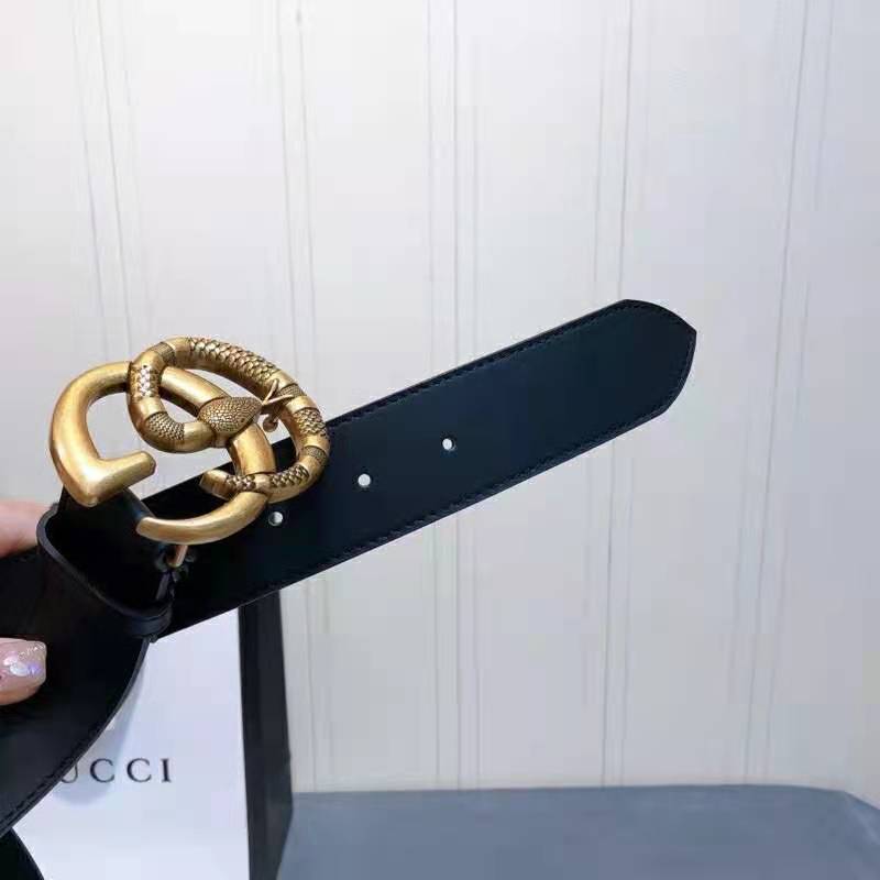 G*u*i unisex leather belt with double g buckle with snake 4 cm width black