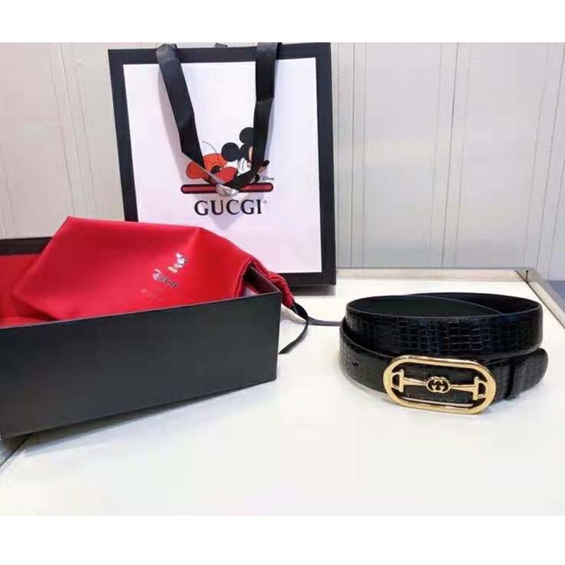 G*u*i unisex lizard belt with interlocking g horsebit buckle 2.5 cm width black lizard