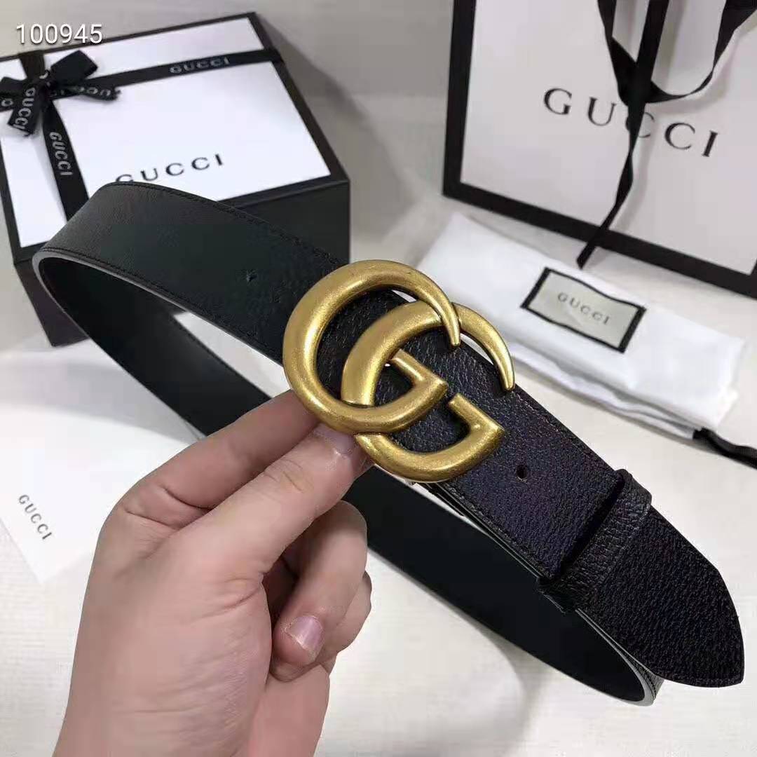 G*u*i unisex wide leather belt with double g buckle 4 cm width-black