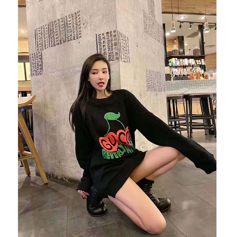 G*u*i women beverly hills cherry print sweatshirt cotton jersey crewneck puff sleeves-black