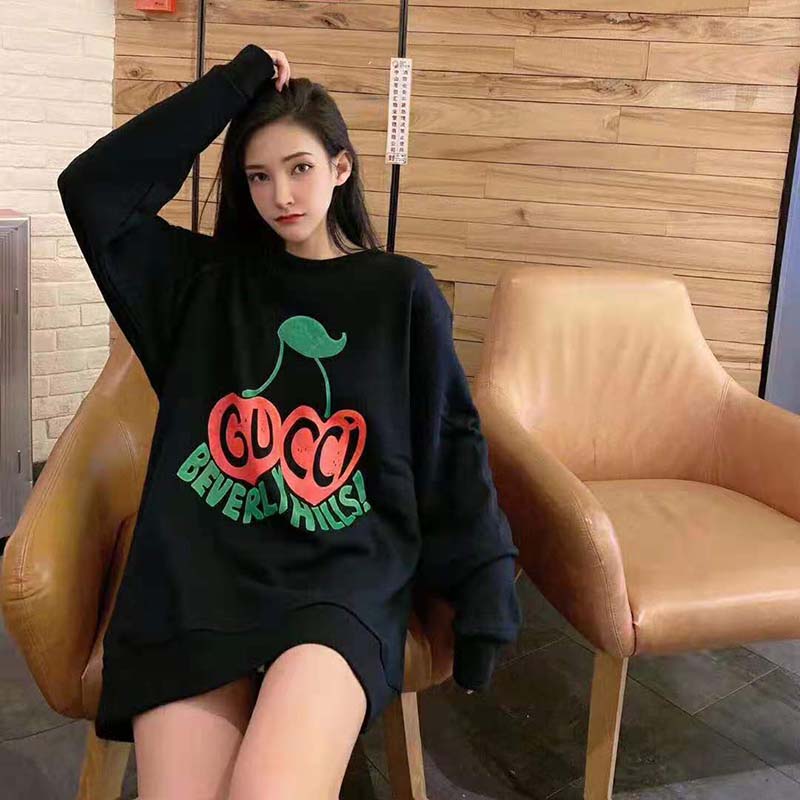 G*u*i women beverly hills cherry print sweatshirt cotton jersey crewneck puff sleeves-black