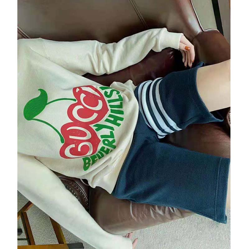 G*u*i women beverly hills cherry print sweatshirt cotton jersey crewneck puff sleeves-white
