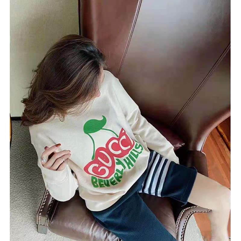 G*u*i women beverly hills cherry print sweatshirt cotton jersey crewneck puff sleeves-white