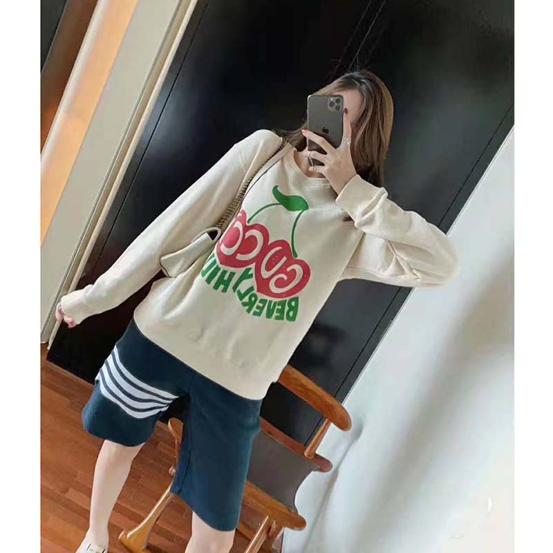 G*u*i women beverly hills cherry print sweatshirt cotton jersey crewneck puff sleeves-white