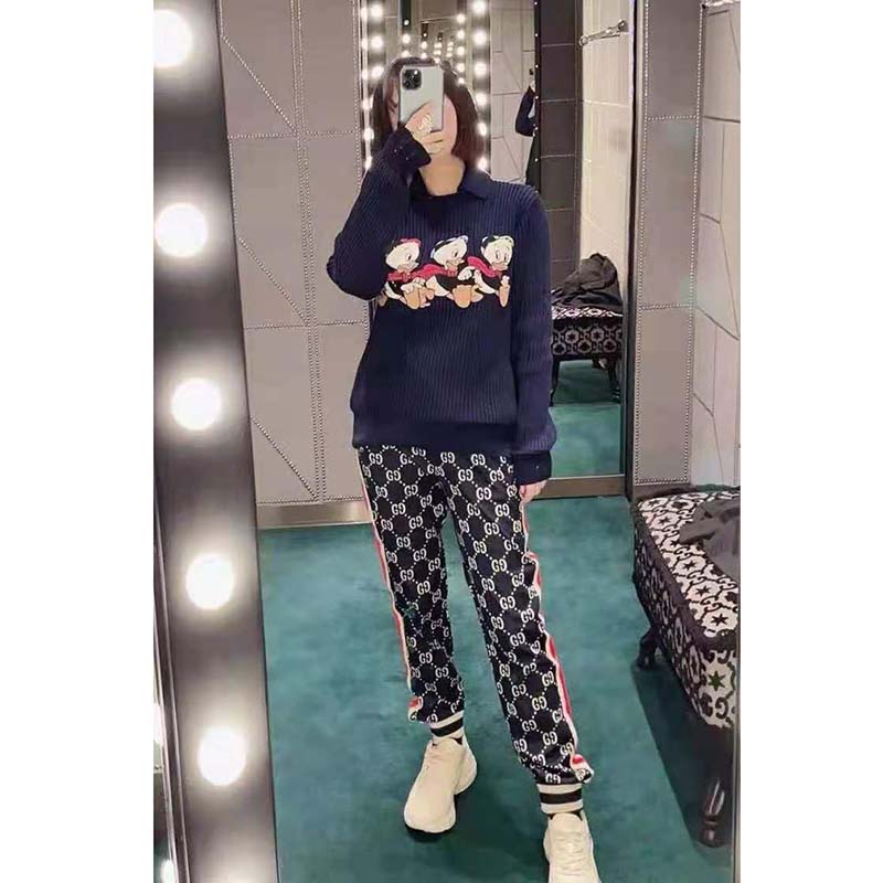 G*u*i women disney x G*u*i donald duck cotton wool sweater holes crewneck collar-navy