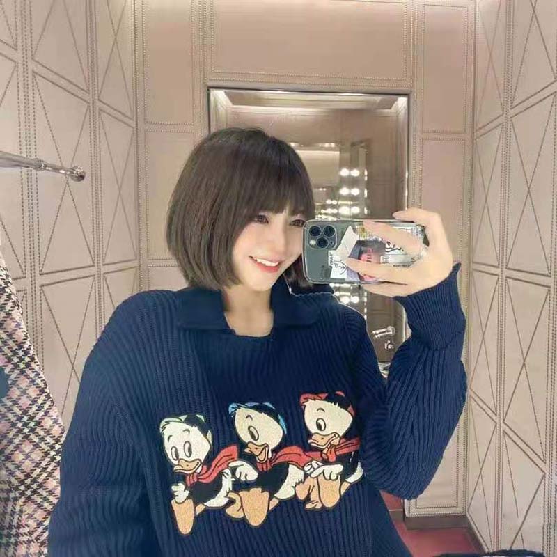 G*u*i women disney x G*u*i donald duck cotton wool sweater holes crewneck collar-navy
