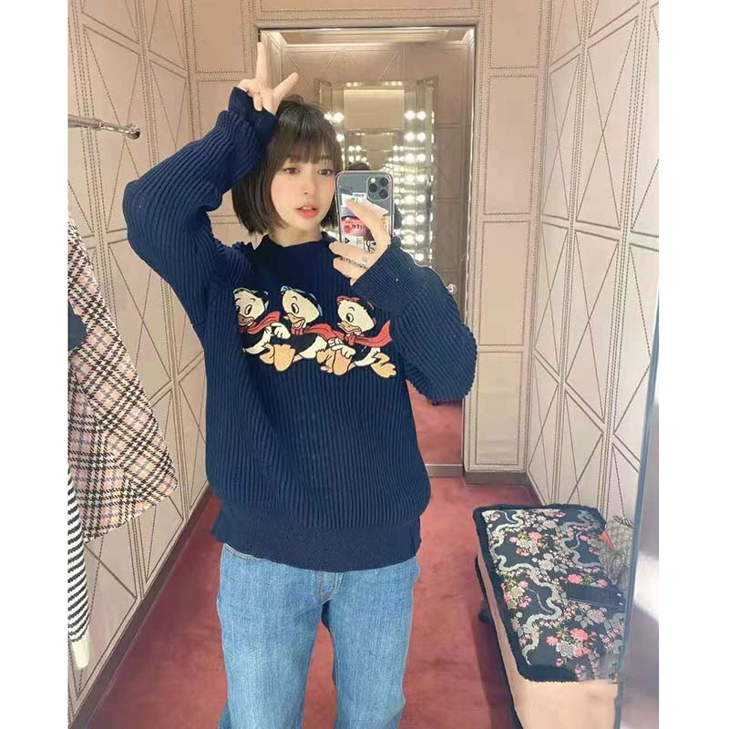 G*u*i women disney x G*u*i donald duck cotton wool sweater holes crewneck collar-navy