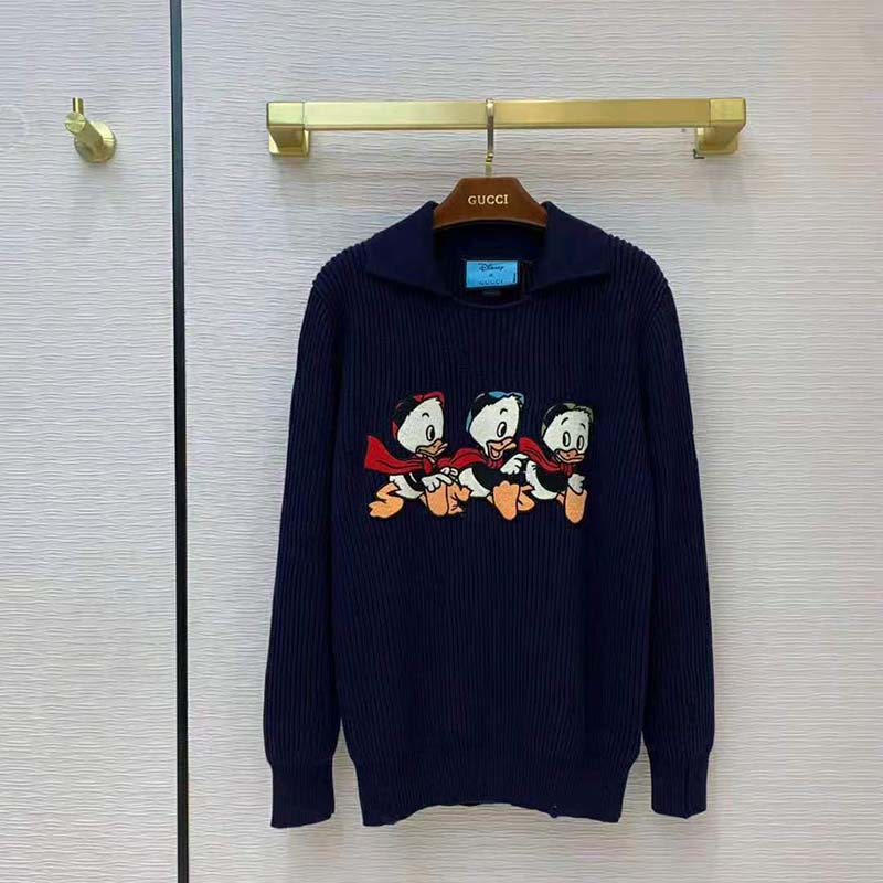 G*u*i women disney x G*u*i donald duck cotton wool sweater holes crewneck collar-navy