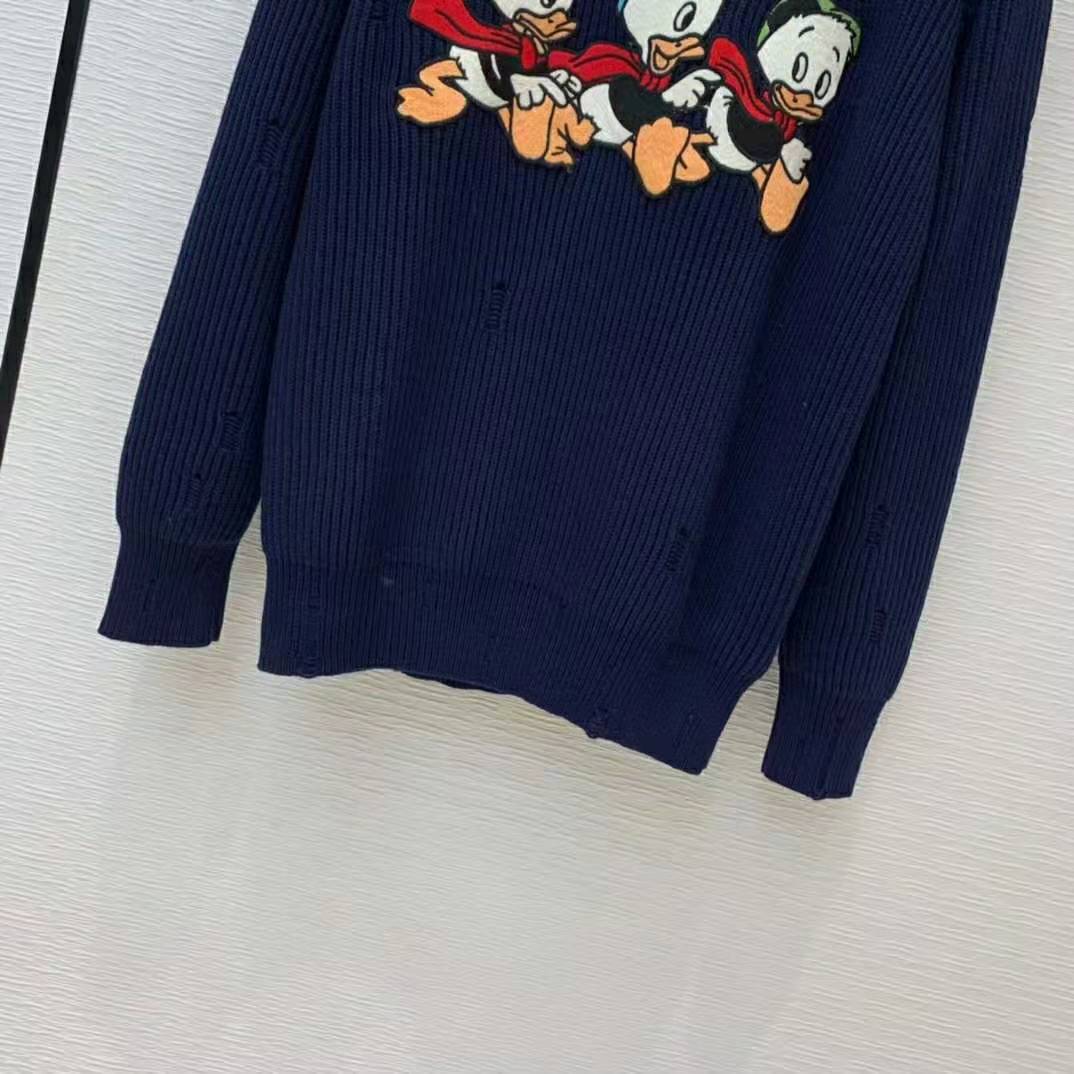 G*u*i women disney x G*u*i donald duck cotton wool sweater holes crewneck collar-navy
