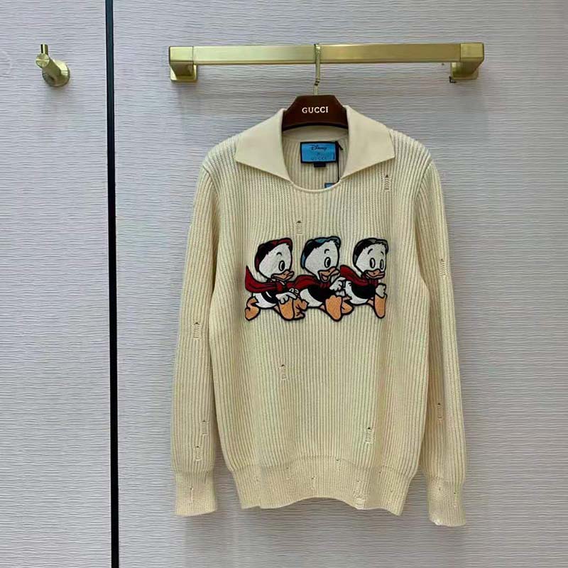 G*u*i women disney x G*u*i donald duck cotton wool sweater holes crewneck collar-white