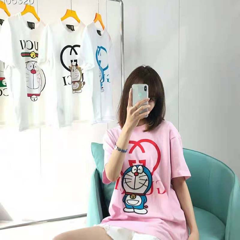 G*u*i women doraemon x G*u*i cotton t-shirt pink jersey crewneck oversize fit