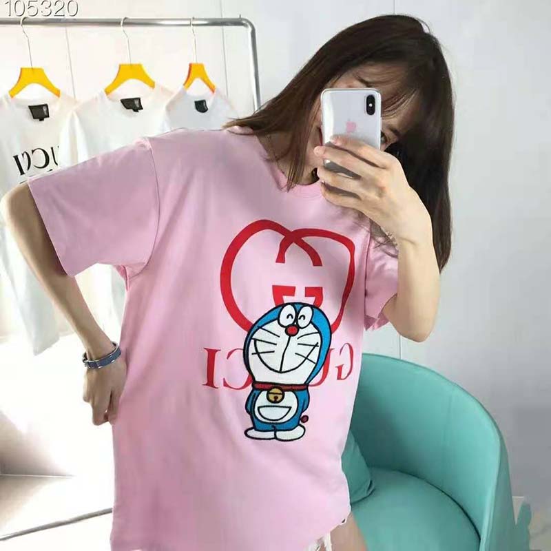 G*u*i women doraemon x G*u*i cotton t-shirt pink jersey crewneck oversize fit
