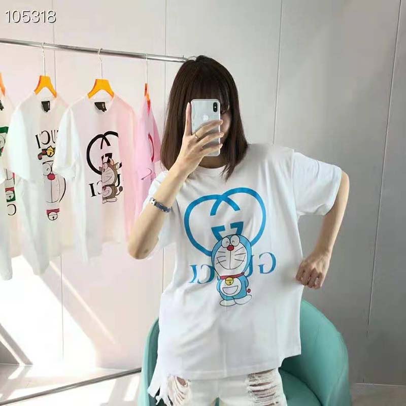 G*u*i women doraemon x G*u*i oversize t-shirt ivory cotton jersey crewneck-blue