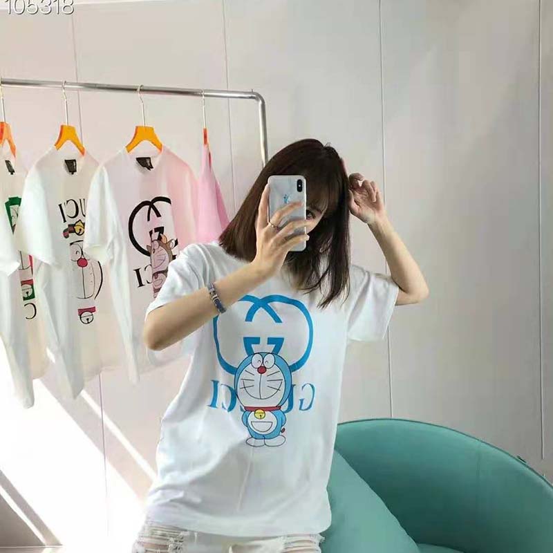 G*u*i women doraemon x G*u*i oversize t-shirt ivory cotton jersey crewneck-blue