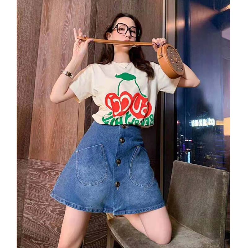 G*u*i women G*u*i beverly hills cherry print t-shirt cotton jersey crewneck short sleeves