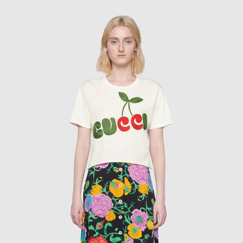 G*u*i women G*u*i cherry print cotton t-shirt jersey crewneck cropped fit-white