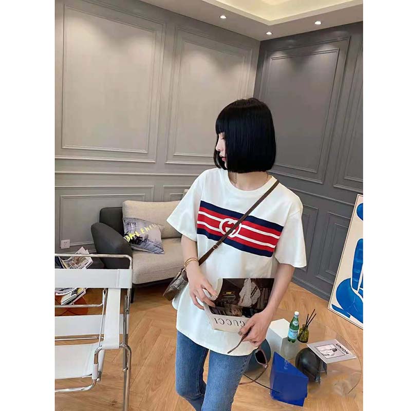 G*u*i women interlocking g stripe print t-shirt cotton jersey crewneck oversize fit-white