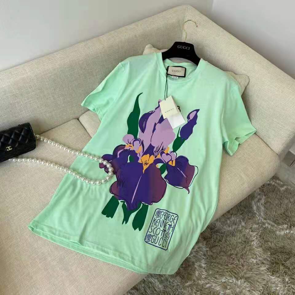 G*u*i women ken scott print cotton t-shirt purple flower crewneck oversize fit-lime