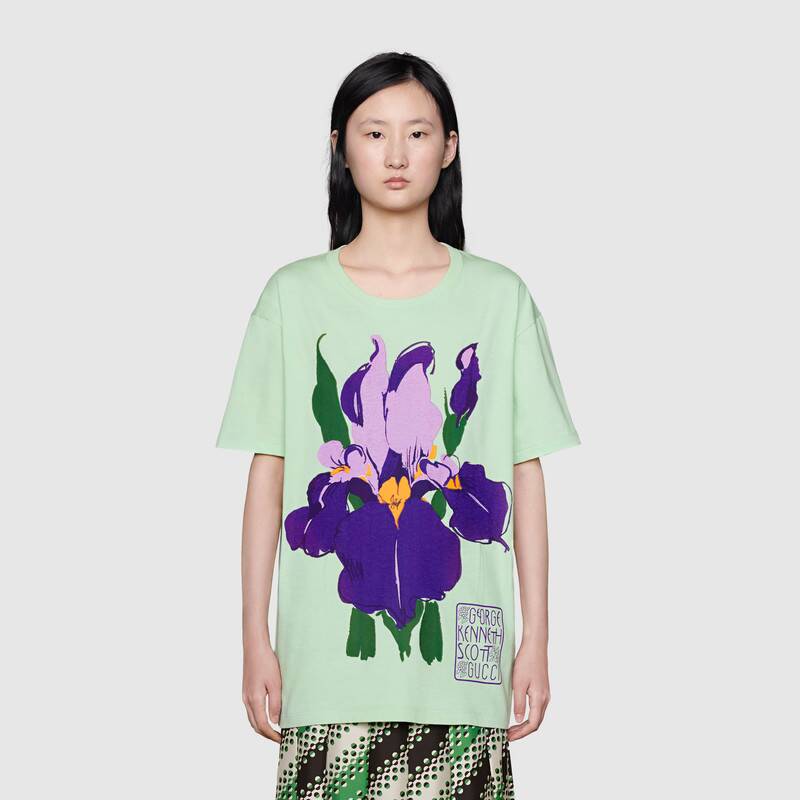 G*u*i women ken scott print cotton t-shirt purple flower crewneck oversize fit-lime