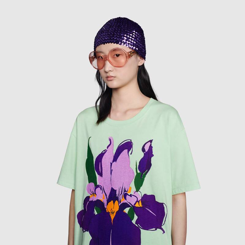 G*u*i women ken scott print cotton t-shirt purple flower crewneck oversize fit-lime