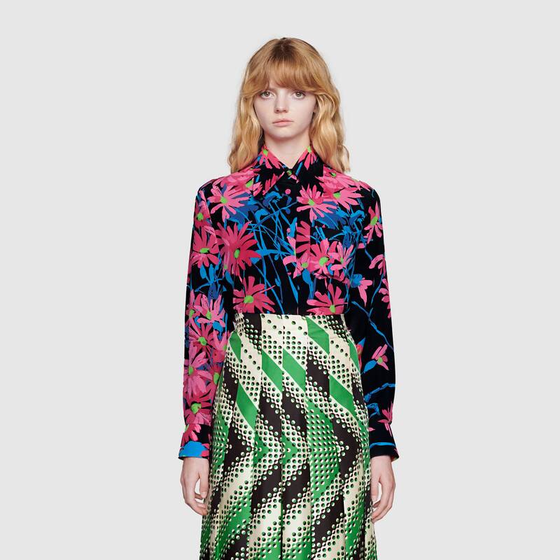 G*u*i women ken scott print silk shirt point collar front pocket