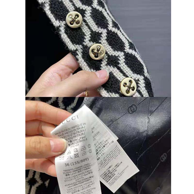 G*u*i women optical tweed jacket wool black and ivory optical tweed point collar