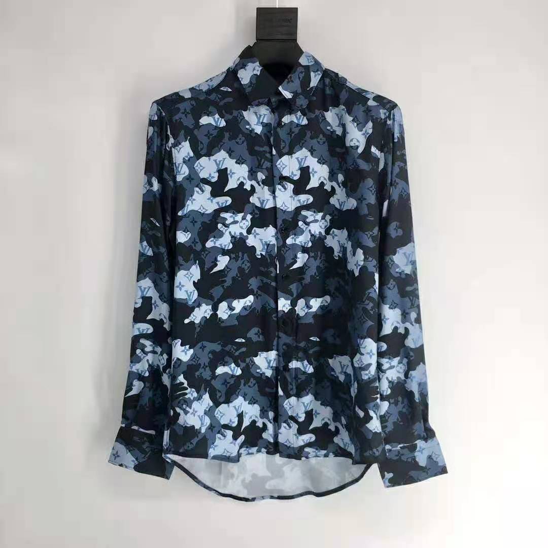 Louis Vuitton Men Camo Regular Silk Shirt LV Signature Blue Regular Fit