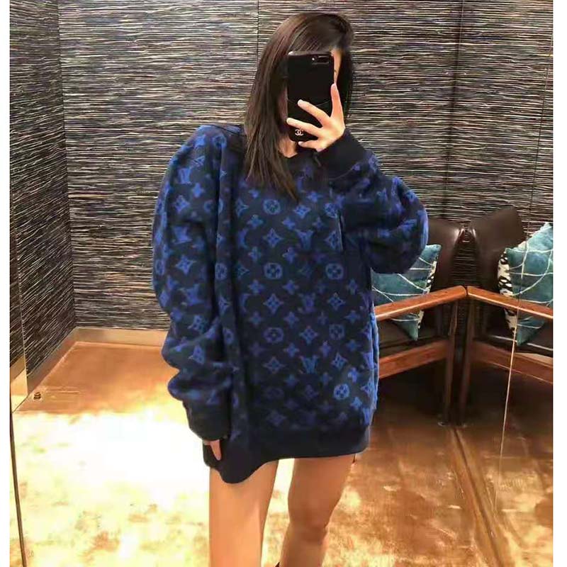 Louis Vuitton Women Full Monogram Jacquard Crew Neck Cotton Blue Regular Fit