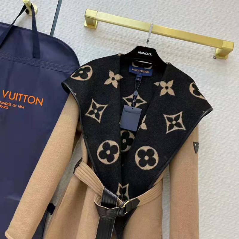 Louis Vuitton Women Giant Monogram Jacquard Wrap Coat in Camel Wool Regular Fit