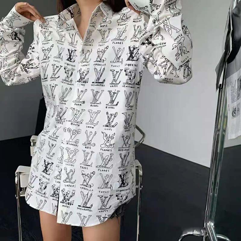 Louis Vuitton Women Placed Graphic Shirt LV Cartoons Cotton Regular Fit-White