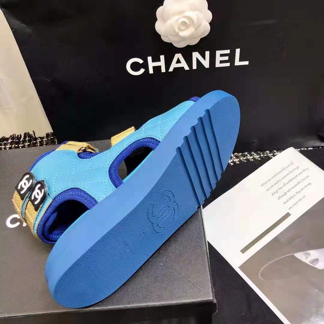 Chanel Women Sandals Goatskin Fabric & TPU Blue Dark Blue & Black