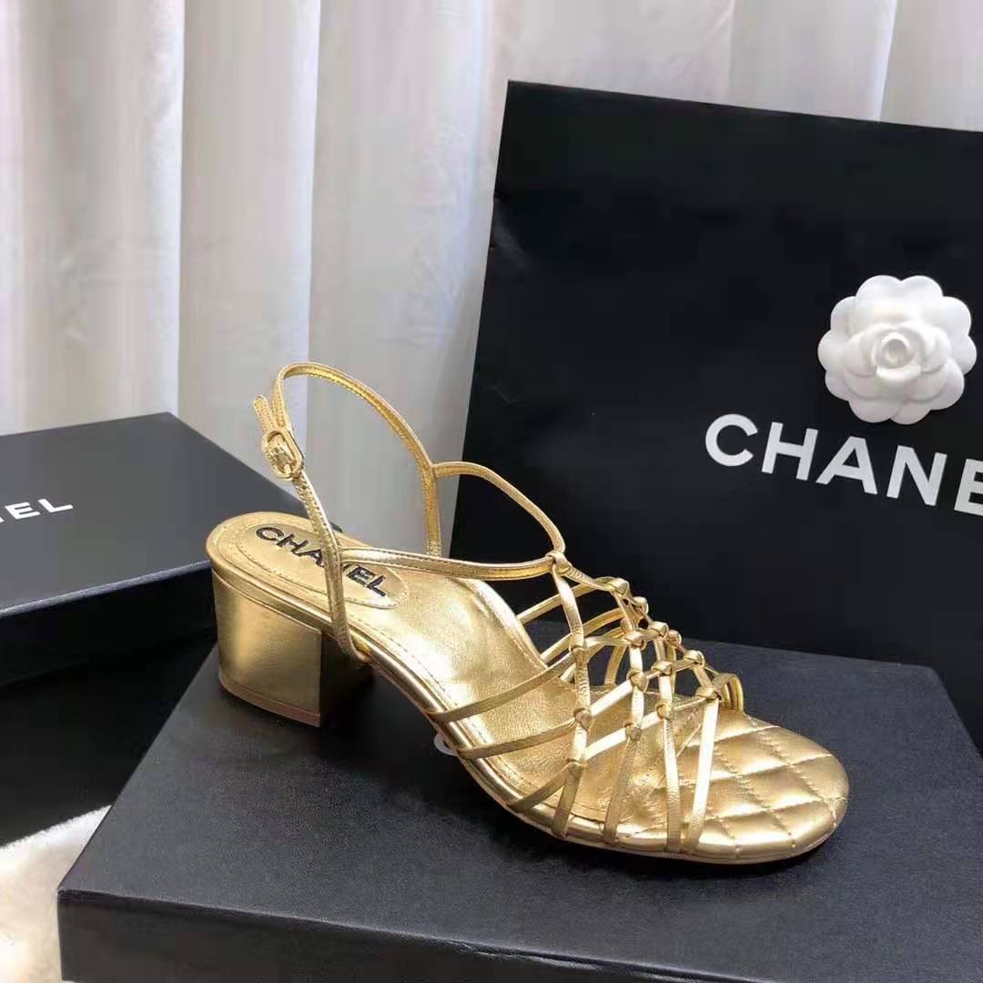 Chanel Women Sandals Laminated Lambskin Gold 5 cm Heel