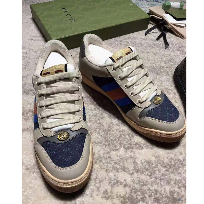 G*u*i gg men’s screener gg sneaker white leather blue mini gg fabric