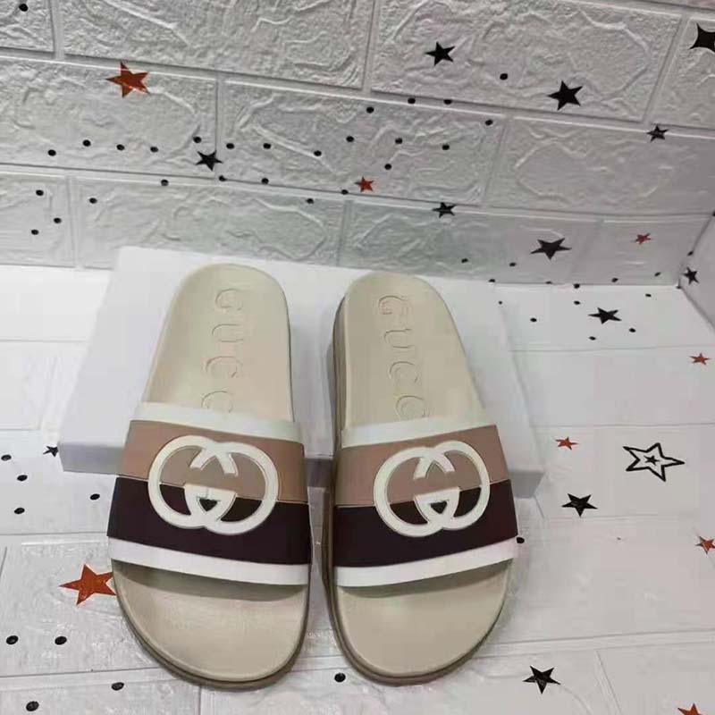 G*u*i gg unisex interlocking g slide sandal beige ebony interlocking g striped rubber