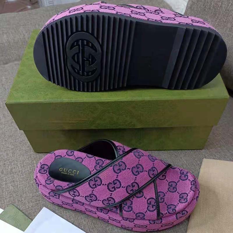 G*u*i gg women gg multicolor platform sandal pink and blue gg canvas
