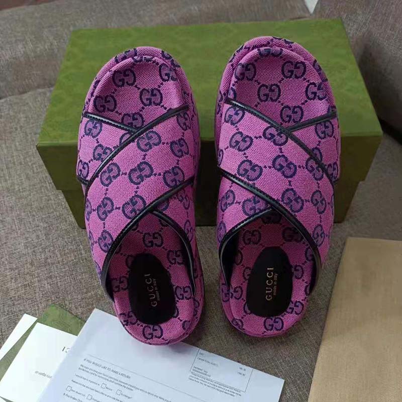 G*u*i gg women gg multicolor platform sandal pink and blue gg canvas