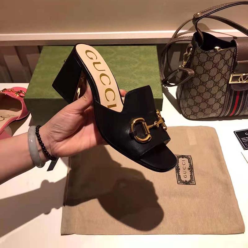 G*u*i gg women slide sandal with horsebit black leather 8 cm heel