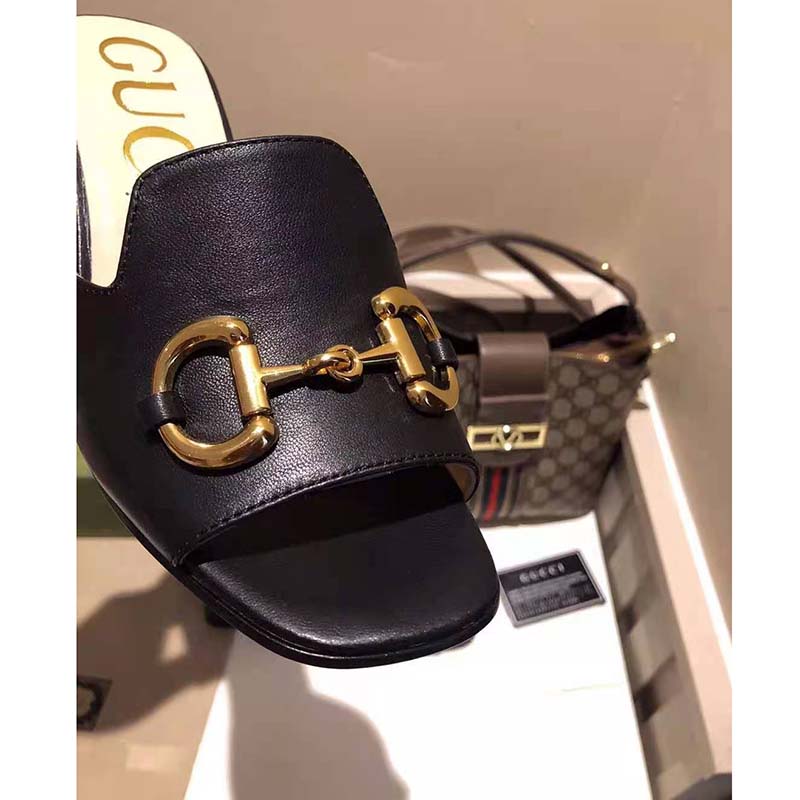 G*u*i gg women slide sandal with horsebit black leather 8 cm heel
