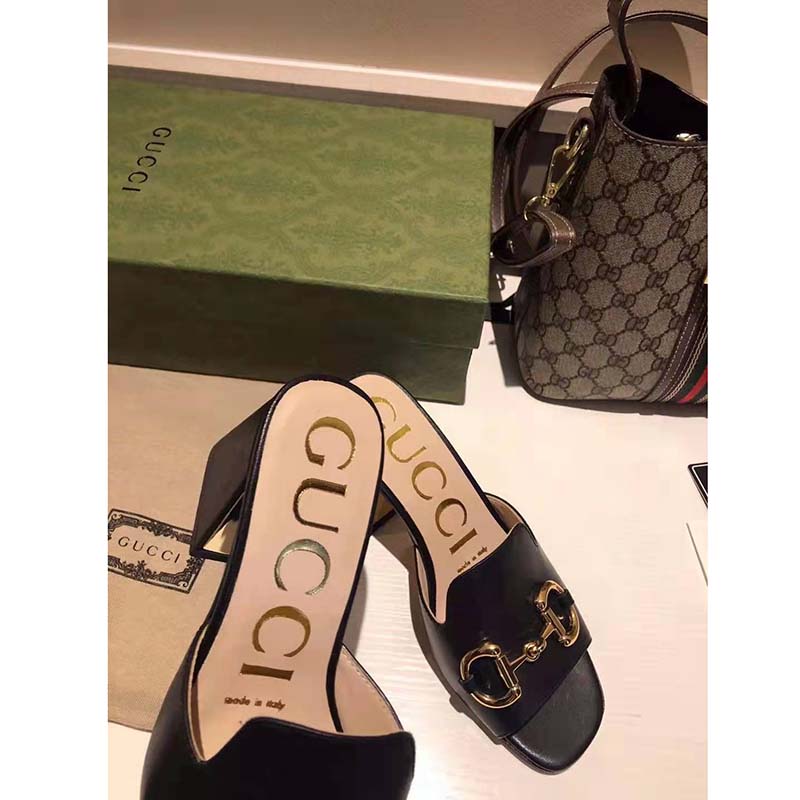 G*u*i gg women slide sandal with horsebit black leather 8 cm heel