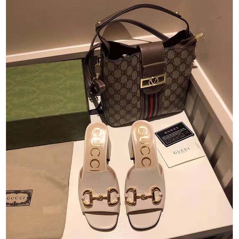 G*u*i gg women slide sandal with horsebit white leather 8 cm heel